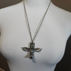 Vintage Silver Tone‎ Native American Style Totem Pole Pendant Necklace